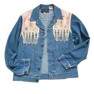 Vintage Wrangler Denim Repurposed Beaded Floral Patchwork Lace Jacket Medium